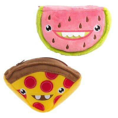 2pk Plush Stuffed Food Toy Kids Coin Purse 7” Pizza Watermelon Zipper Case