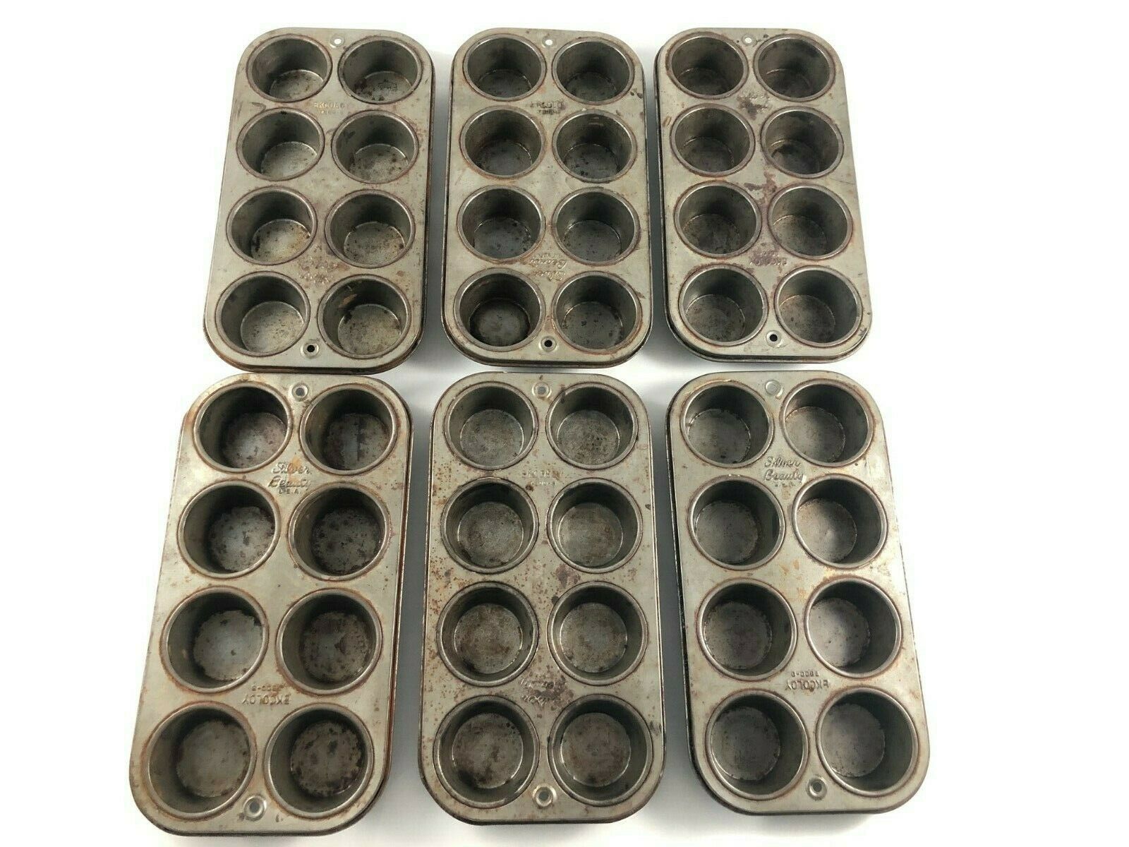 Lot Of 6 Vintage Ekcoloy Silver Beauty 8 Muffin Baking Cupcake Pans W/ 2" Cups